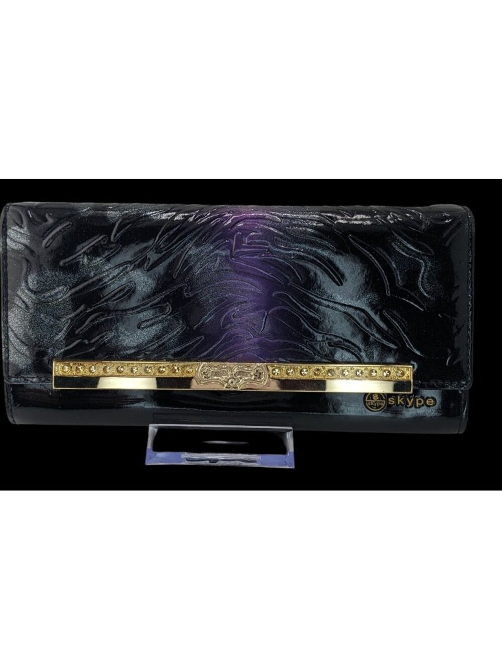 Gothic Skype Black And Purple Embossed Leather Wallet With Gold Accents
